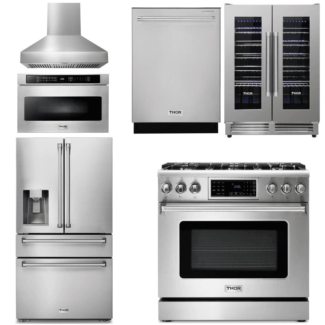 Thor Kitchen Appliance Package - 36 In. Gas Range, Range Hood, Microwave Drawer, Refrigerator with Water and Ice Dispenser, Dishwasher, Wine Cooler, AP-TRG3601-W-10