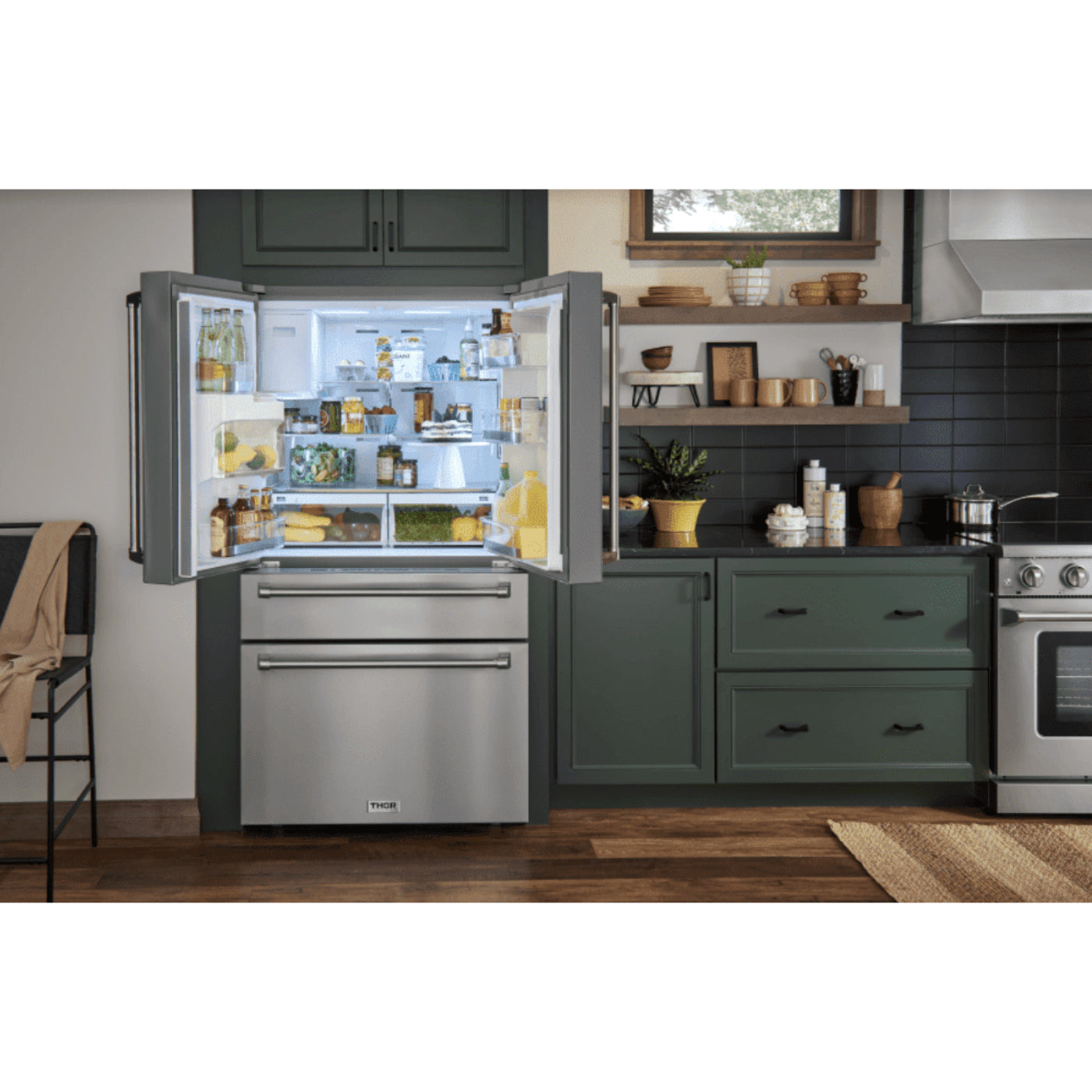 Thor Kitchen Appliance Package - 36 In. Gas Range, Range Hood, Microwave Drawer, Refrigerator with Water and Ice Dispenser, Dishwasher, Wine Cooler, AP-TRG3601LP-W-10