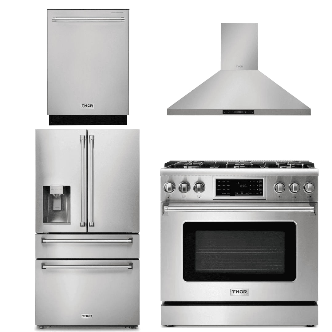 Thor Kitchen Appliance Package - 36 In. Gas Range, Range Hood, Refrigerator with Water and Ice Dispenser, Dishwasher, AP-TRG3601-10