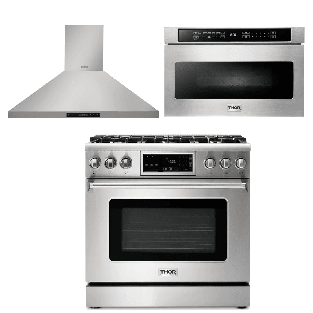 Thor Kitchen Appliance Package - 36 In. Natural Gas Range, Range Hood, Microwave Drawer, AP-TRG3601-5