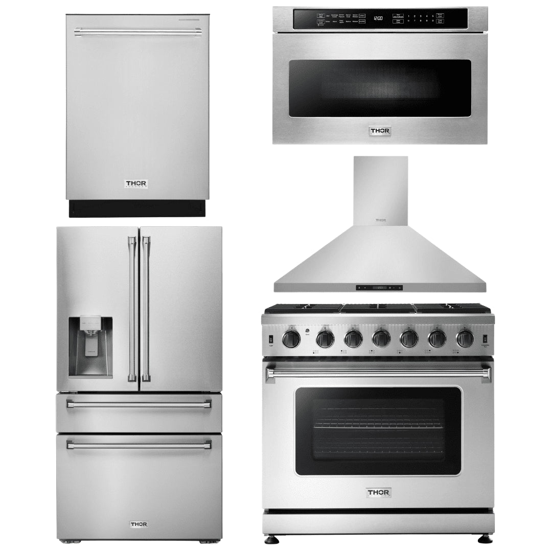 Thor Kitchen Appliance Package - 36 in. Natural Gas Range, Range Hood, Microwave Drawer, Refrigerator with Water and Ice Dispenser, Dishwasher, AP-LRG3601U-13