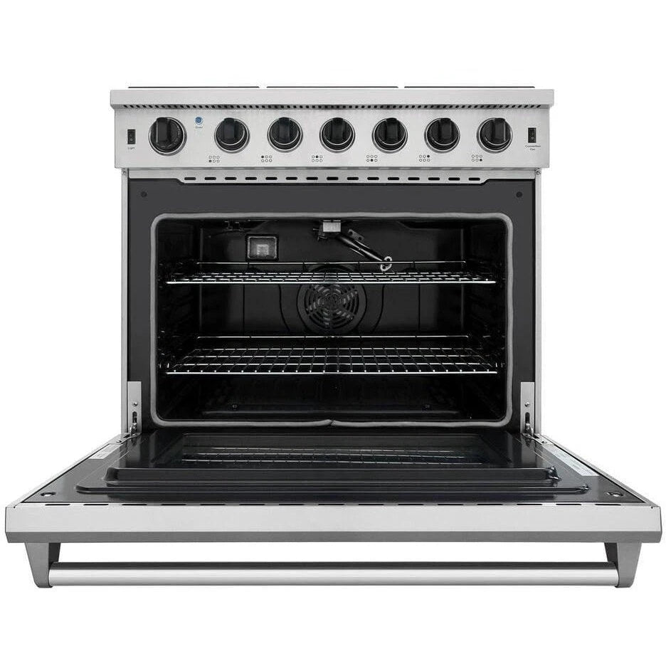 Thor Kitchen Appliance Package - 36 in. Natural Gas Range, Range Hood, Microwave Drawer, Refrigerator with Water and Ice Dispenser, Dishwasher, AP-LRG3601U-13