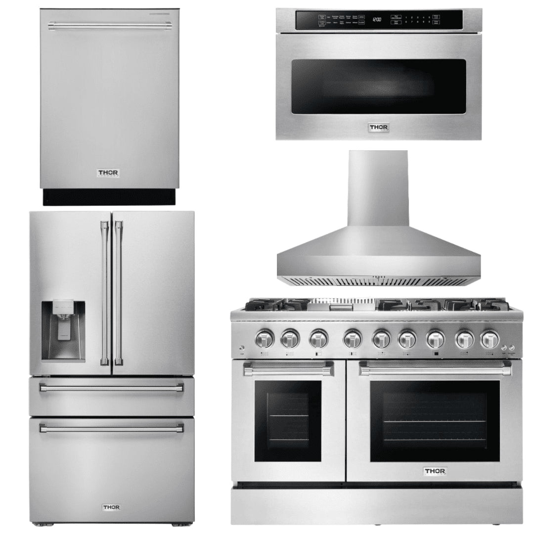 Thor Kitchen Appliance Package - 48 In. Dual Fuel Range, Range Hood, Refrigerator with Water and Ice Dispenser, Dishwasher, Microwave Drawer, AP-HRD4803ULP-W-9