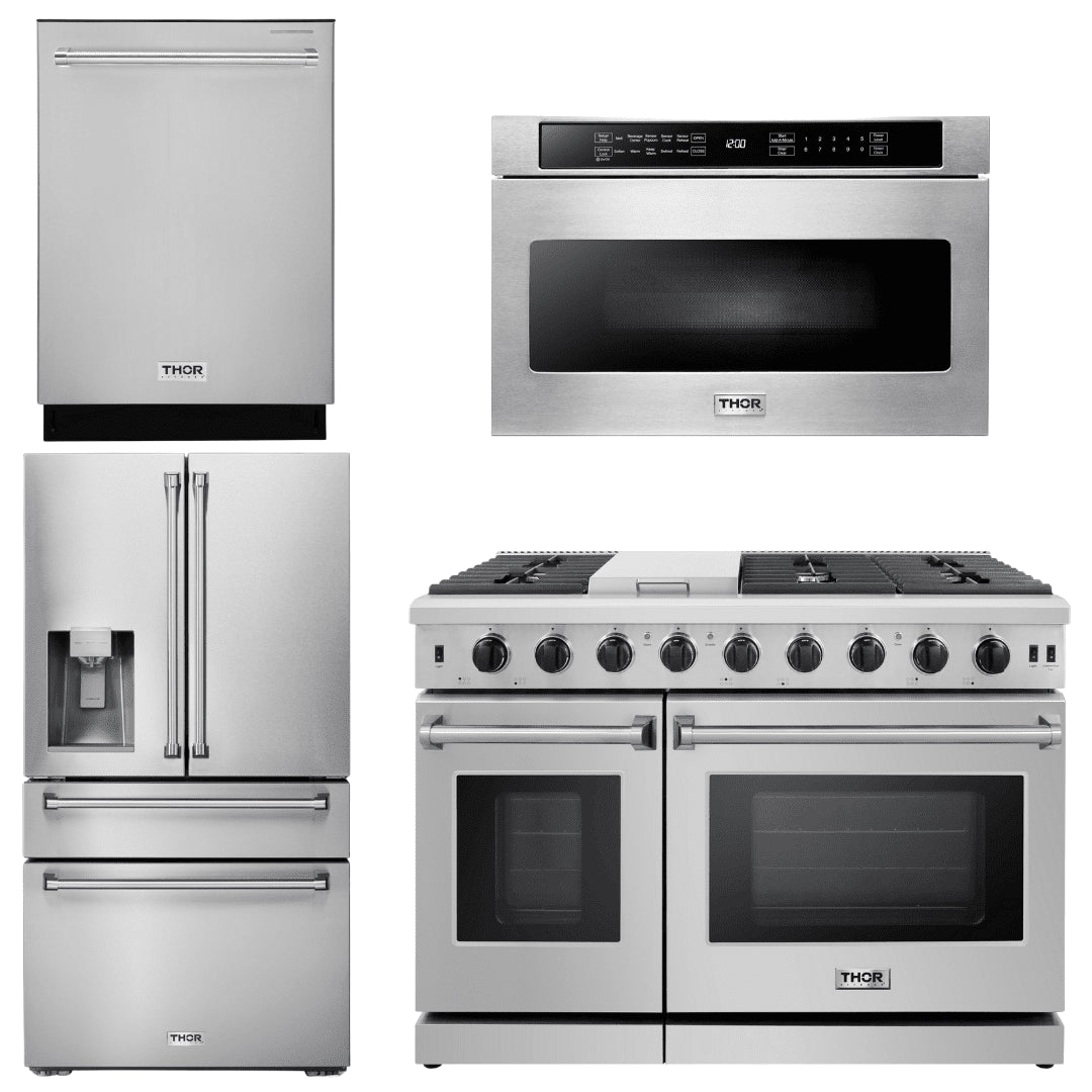 Thor Kitchen Appliance Package - 48 in. Gas Range, Dishwasher, Refrigerator with Water and Ice Dispenser, Microwave Drawer, AP-LRG4807U-12