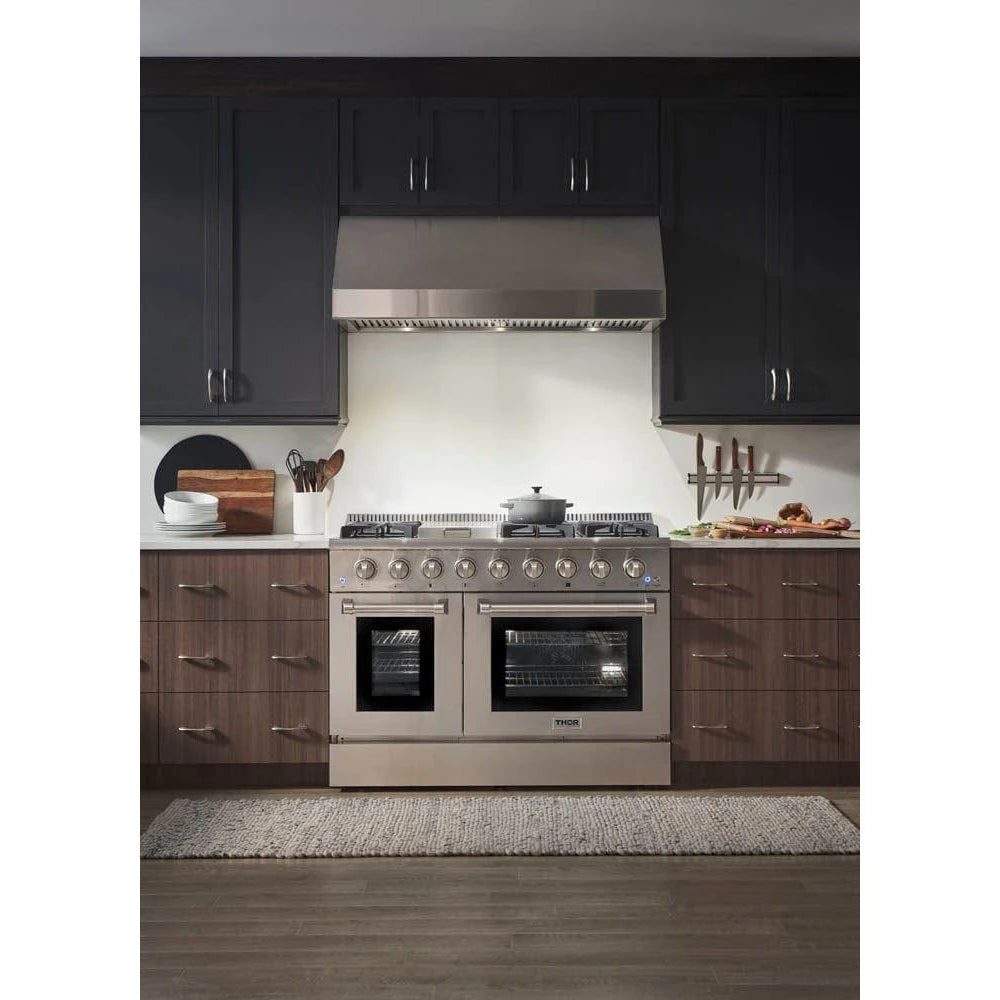 Thor Appliance Package - 48 In. Gas Range, Range Hood, Refrigerator, Dishwasher & Wine Cooler, AP-LRG4087U-4