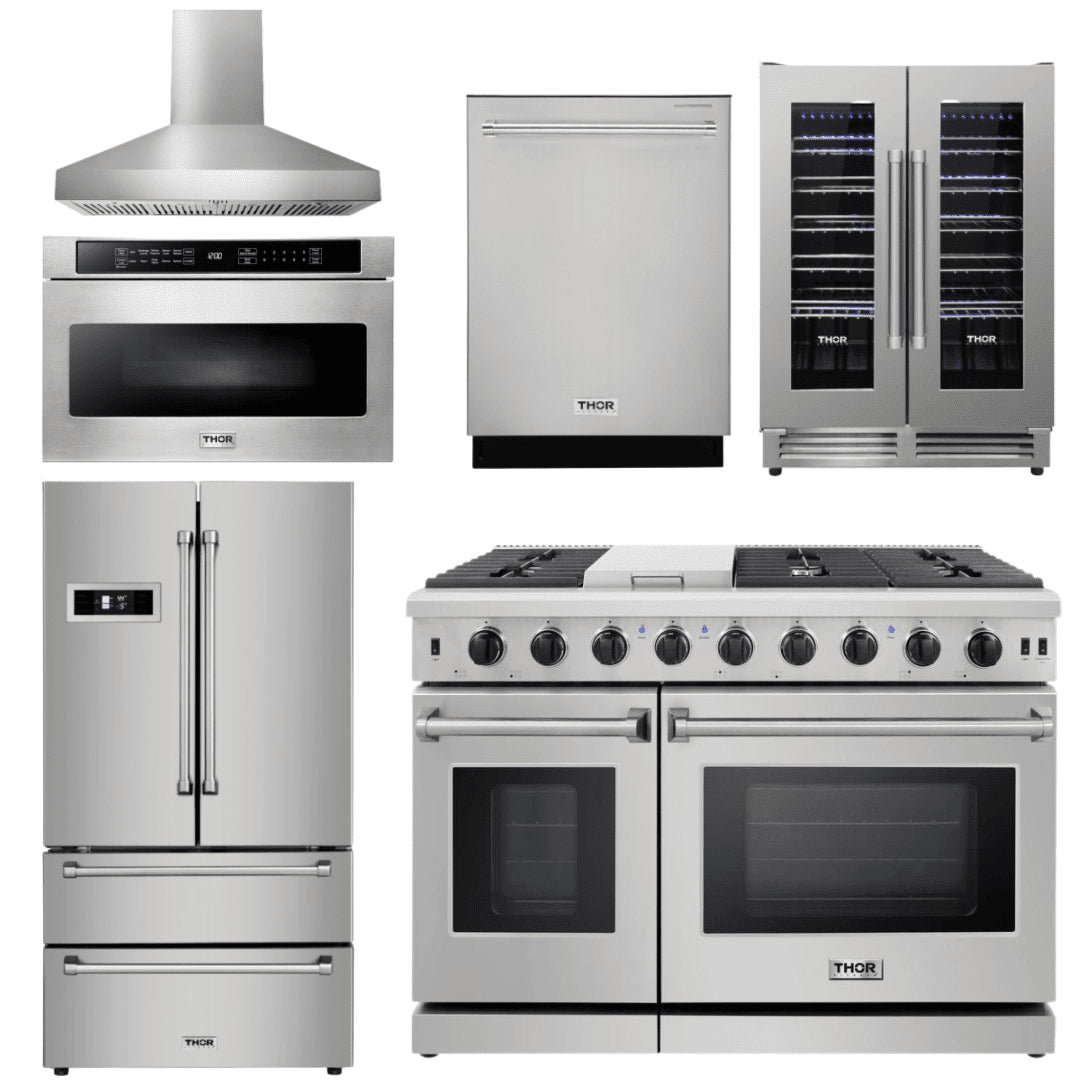 Thor Kitchen Appliance Package - 48 in. Gas Range, Range Hood, Refrigerator, Dishwasher, Wine Cooler, Microwave, AP-LRG4807U-W-6