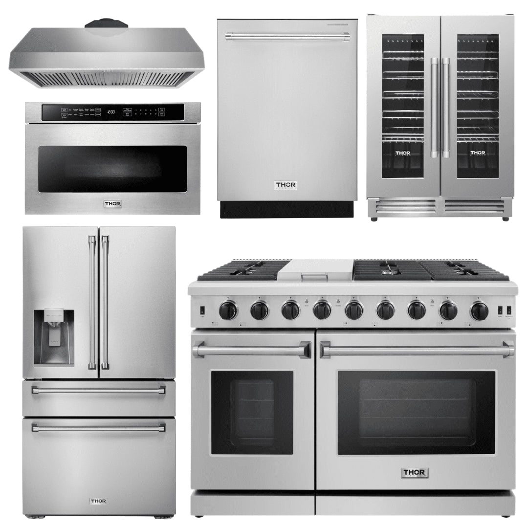 Thor Kitchen Appliance Package - 48 in. Gas Range, Range Hood, Refrigerator with Water and Ice Dispenser, Dishwasher, Wine Cooler, Microwave, AP-LRG4807U-14