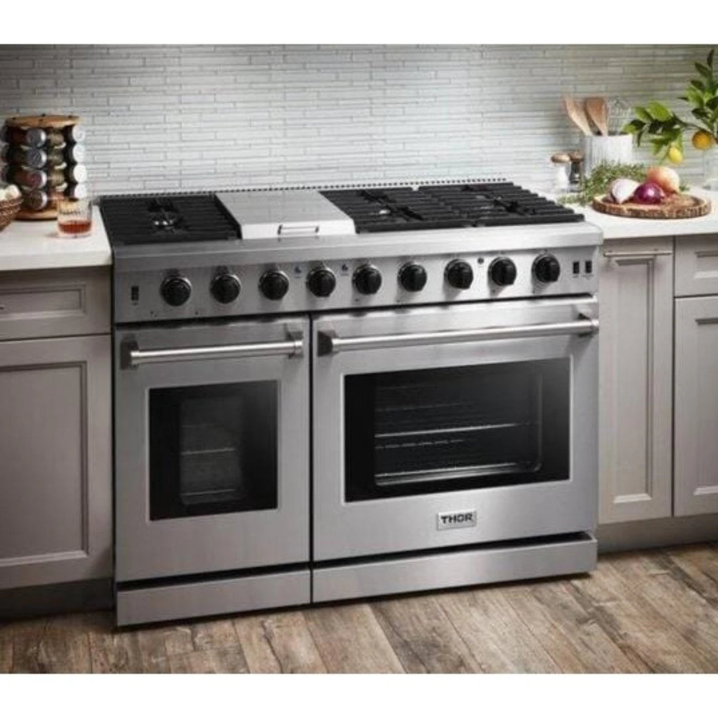 Thor Kitchen Appliance Package - 48 in. Propane Gas Range, Range Hood, Refrigerator, Dishwasher, Wine Cooler, Microwave, AP-LRG4807ULP-8