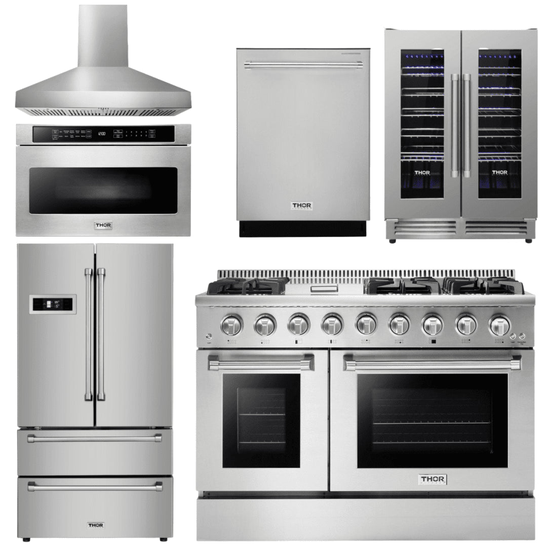 Thor Kitchen Appliance Package - 48 in. Gas Range, Range Hood, Refrigerator, Dishwasher, Microwave Drawer, Wine Cooler, AP-HRG4808U-W-6