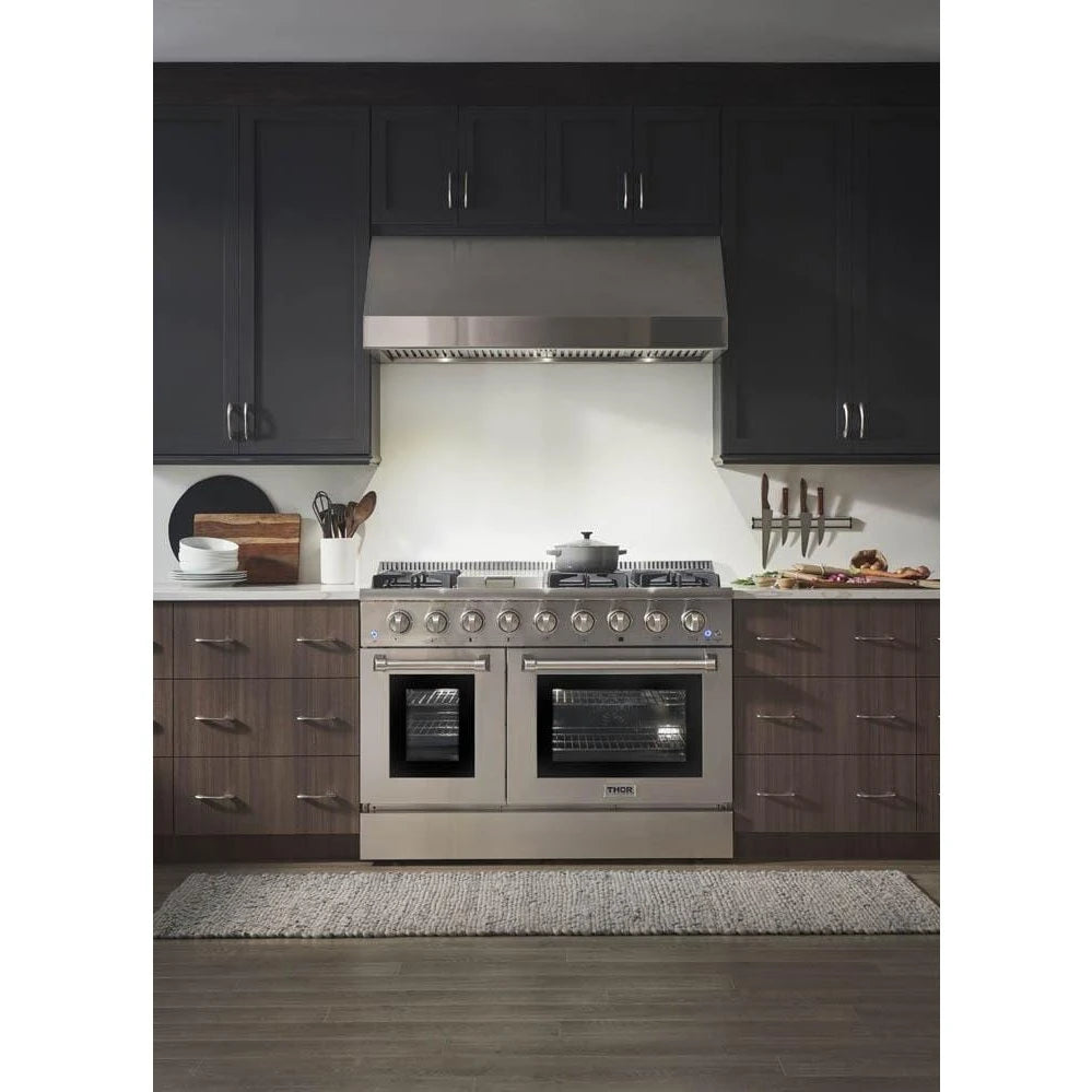 Thor Kitchen Appliance Package - 48 in. Gas Range, Range Hood, Refrigerator, Dishwasher, Microwave Drawer, Wine Cooler, AP-HRG4808U-W-6