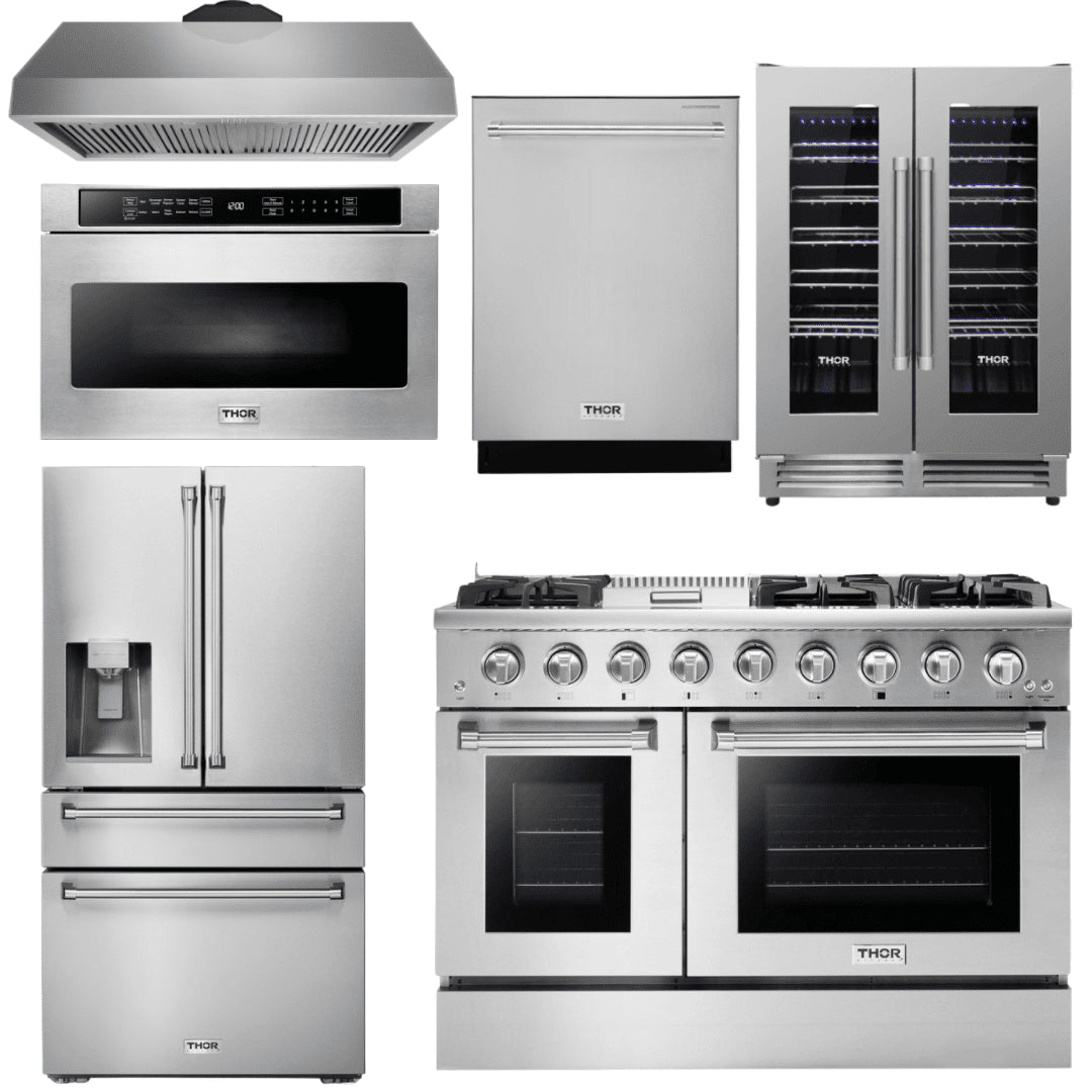 Thor Kitchen Professional Appliance Package - 48 in. Gas Range, Range Hood, Refrigerator with Water and Ice Dispenser, Dishwasher, Microwave Drawer, Wine Cooler, AP-HRG4808U-14