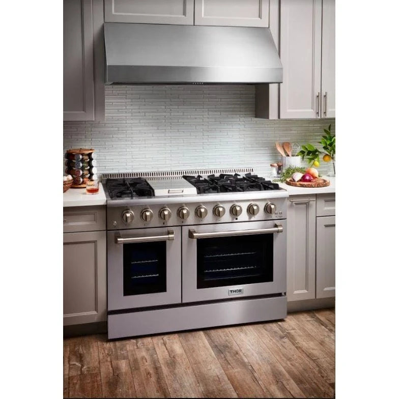 Thor Kitchen Professional Appliance Package - 48 in. Gas Range, Range Hood, Refrigerator with Water and Ice Dispenser, Dishwasher, Microwave Drawer, Wine Cooler, AP-HRG4808U-14