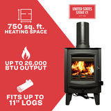 US Stove TH-100 Tiny Wood Stove 750 sq. ft. 26,000 BTU Accepts 11 Logs New